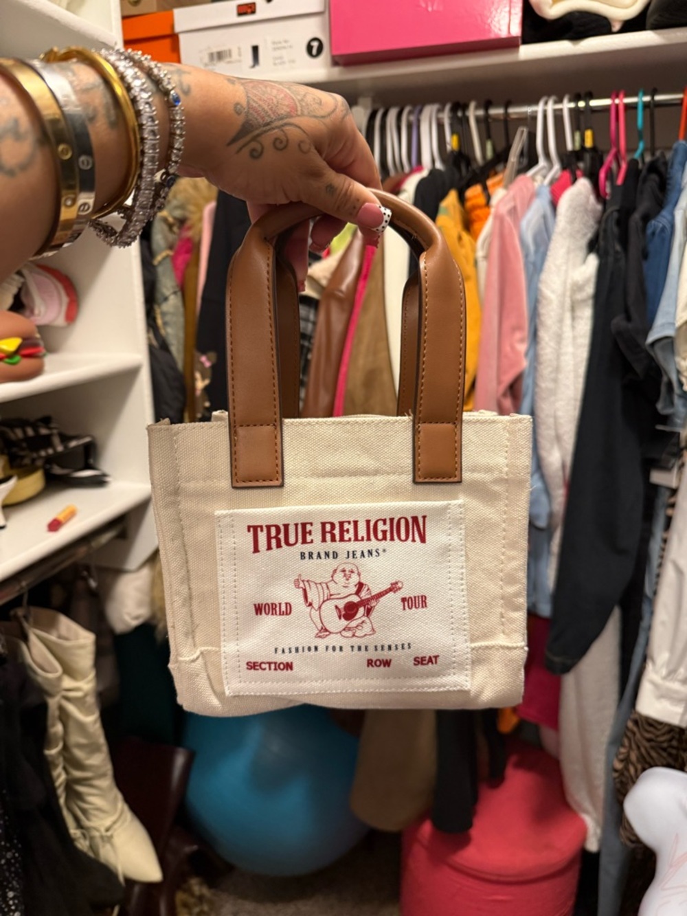 True Religion Beige Canvas Mini Tote with Brown Handles and Red Logo